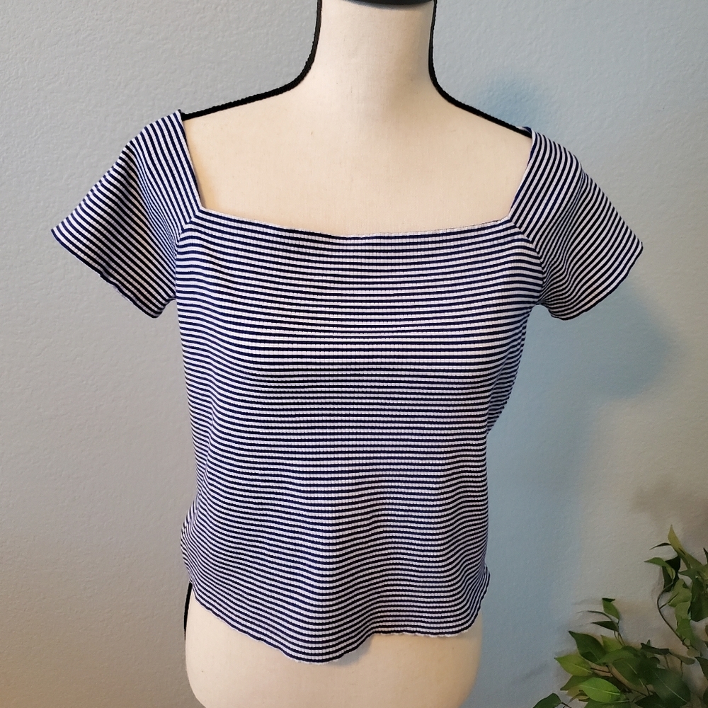 Polo Ralph Lauren blue and white striped  square neck line fitted top, size XL